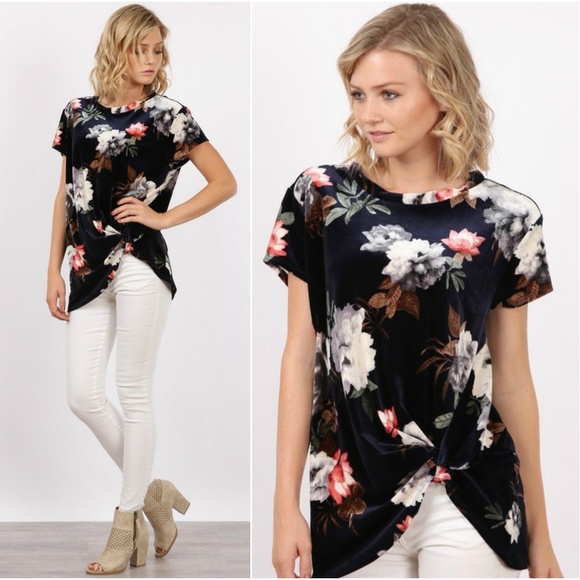 Tops - NEW Floral Velvet Side Twist Knot Detail Top
